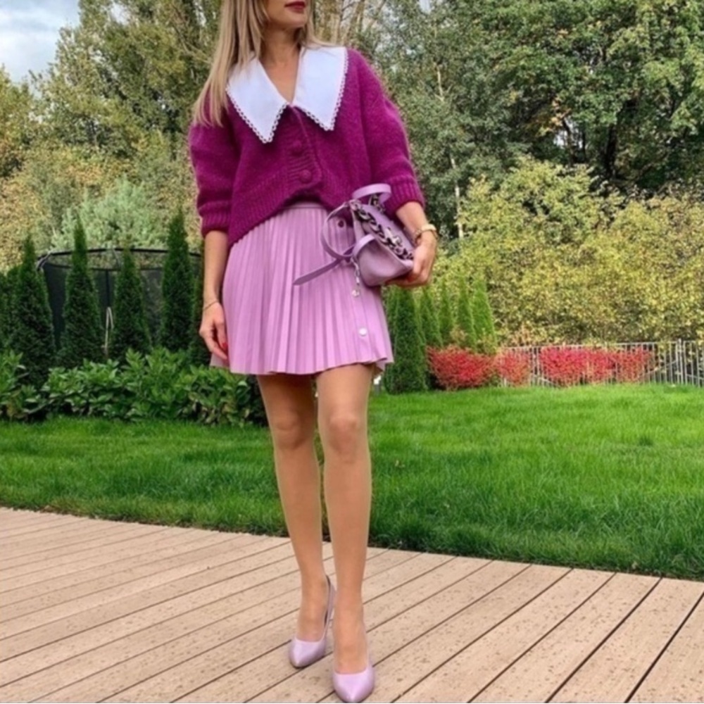 🎆Viral Zara Purple Pleated Button Down Vegan Leather Mini Skirt Size Small🎆